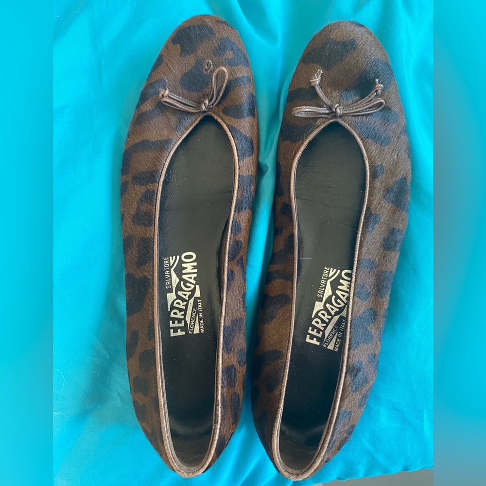 Salvatore Ferragamo Brown Leopard Print Suede Ballet Flats